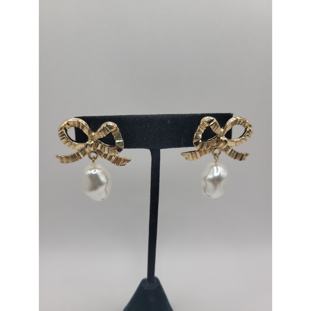 Gold Tone Bow Dangle Earrings Cream Faux Pearl Drop Ribbon Post Earrings